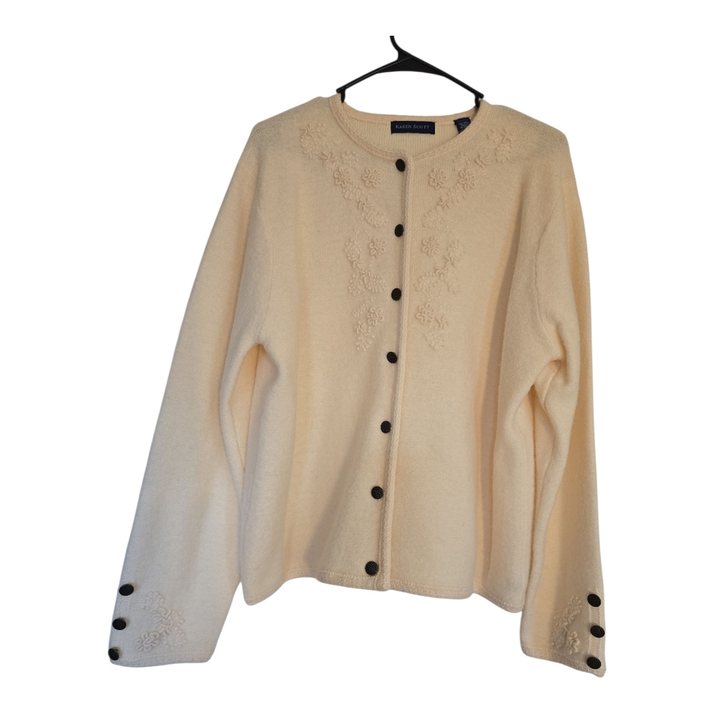 100%Wool Karen Scott Light Ivory Cardigan with Black Bottons, Size XL, Preowned